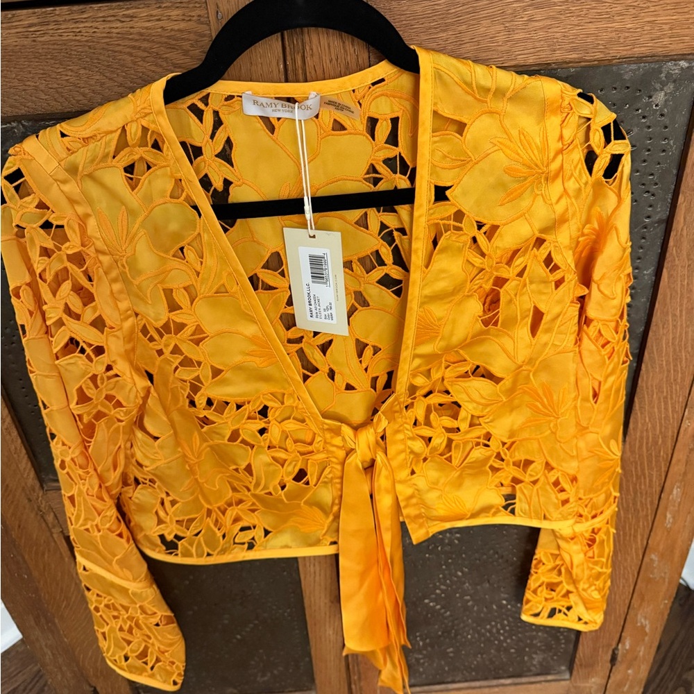 NWT Ramy Brook Yellow Appliqué Lace Tie-Front Short Jacket